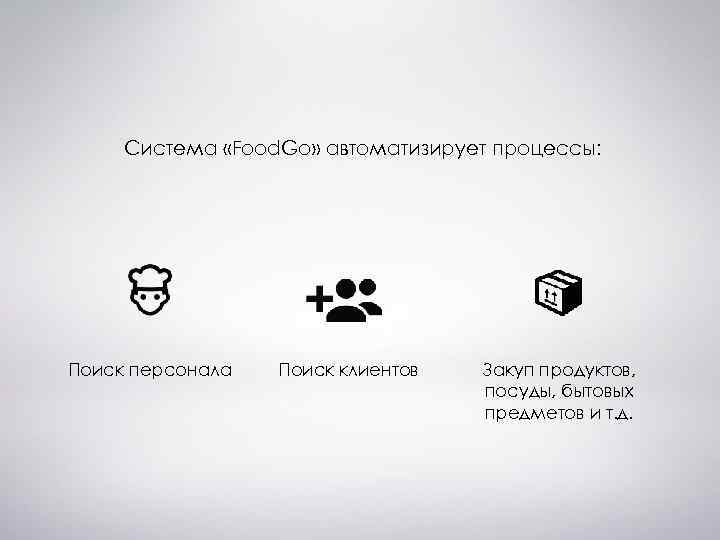 Система «Food. Go» автоматизирует процессы: Поиск персонала Поиск клиентов Закуп продуктов, посуды, бытовых предметов