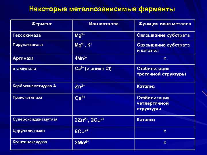 Некоторые металлозависимые ферменты Фермент Ион металла Функция иона металла Гексокиназа Mg 2+ Связывание субстрата