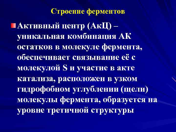 Строение ферментов Активный центр (Ак. Ц) – уникальная комбинация АК остатков в молекуле фермента,