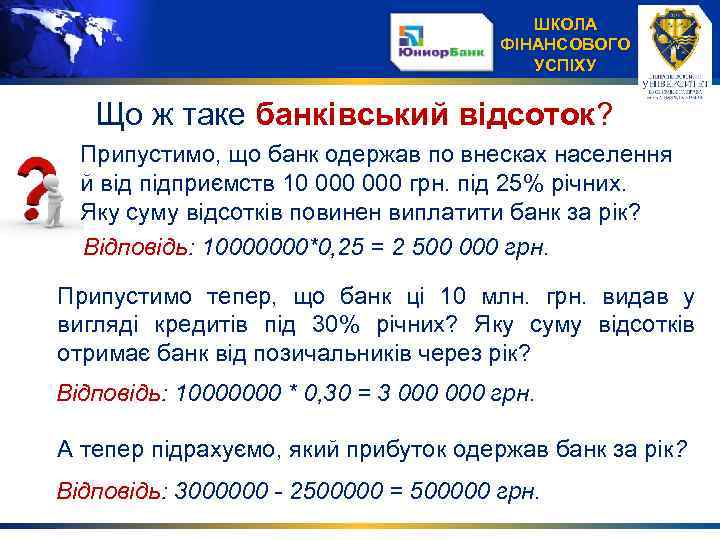 ШКОЛА ФІНАНСОВОГО УСПІХУ Що ж таке банківський відсоток? Припустимо, що банк одержав по внесках