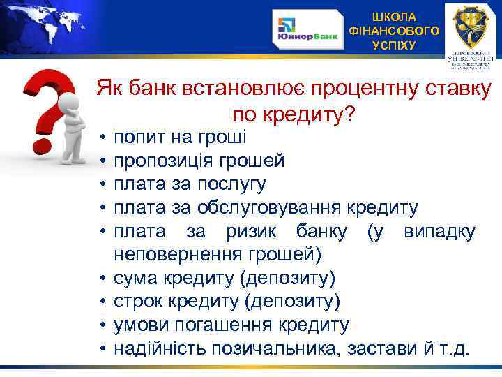 ШКОЛА ФІНАНСОВОГО УСПІХУ Як банк встановлює процентну ставку по кредиту? • • • попит