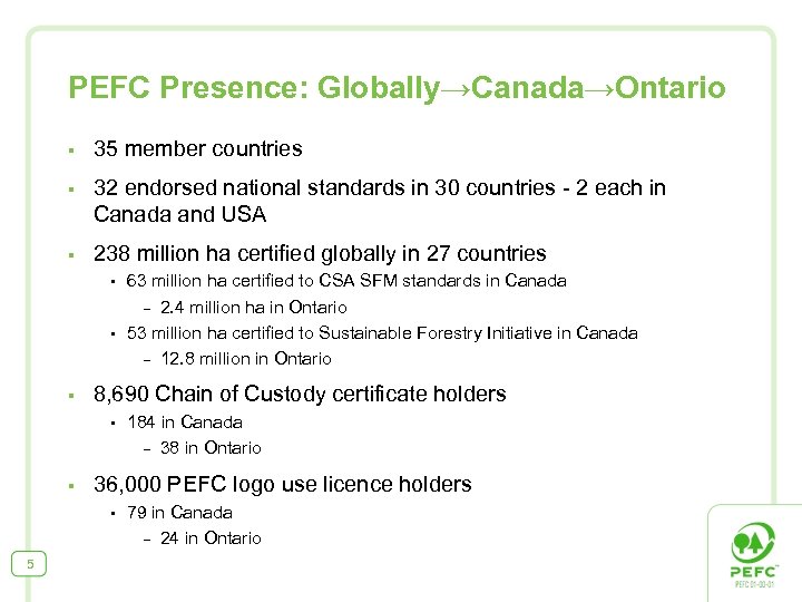 PEFC Presence: Globally→Canada→Ontario § 35 member countries § 32 endorsed national standards in 30