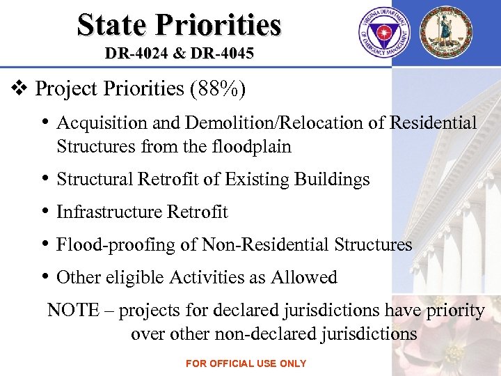 State Priorities DR-4024 & DR-4045 v Project Priorities (88%) • Acquisition and Demolition/Relocation of