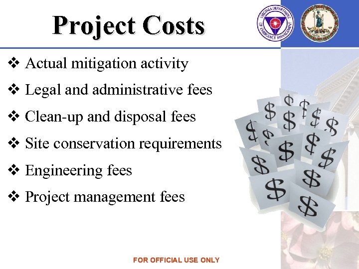 Project Costs v Actual mitigation activity v Legal and administrative fees v Clean-up and