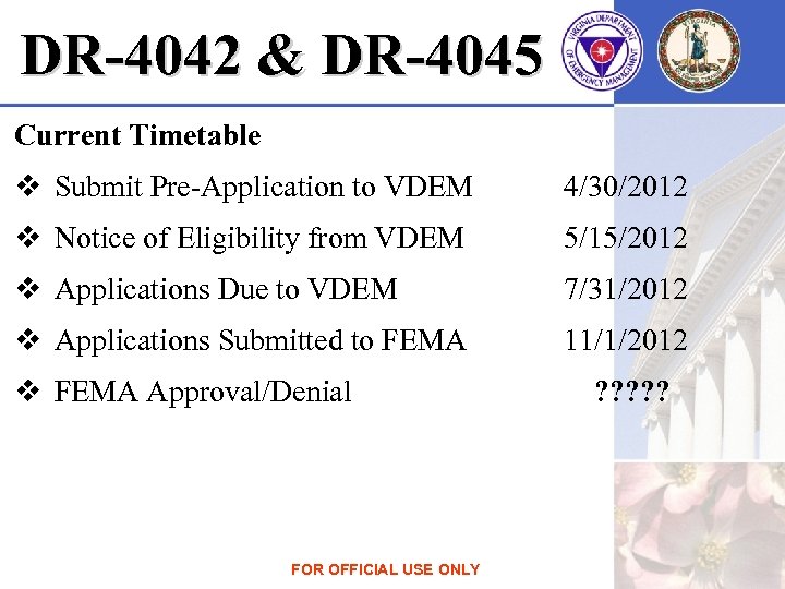 DR-4042 & DR-4045 Current Timetable v Submit Pre-Application to VDEM 4/30/2012 v Notice of