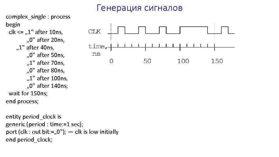 complex_single : process begin clk <= „ 1‟ after 10 ns, „ 0‟ after