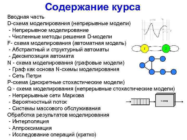 Содержание курса Вводная часть D-схема моделирования (непрерывные модели) - Непрерывное моделирование - Численные методы