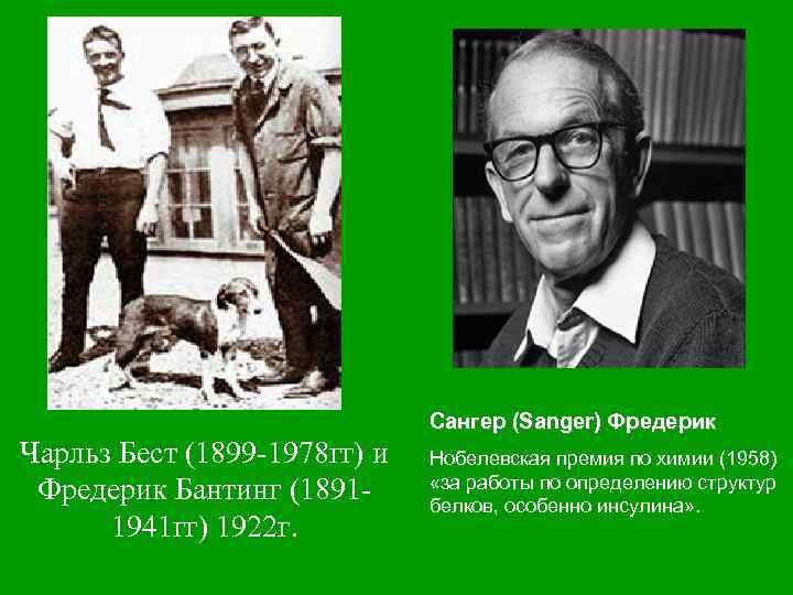 Сангер (Sanger) Фредерик Чарльз Бест (1899 -1978 гг) и Фредерик Бантинг (18911941 гг) 1922