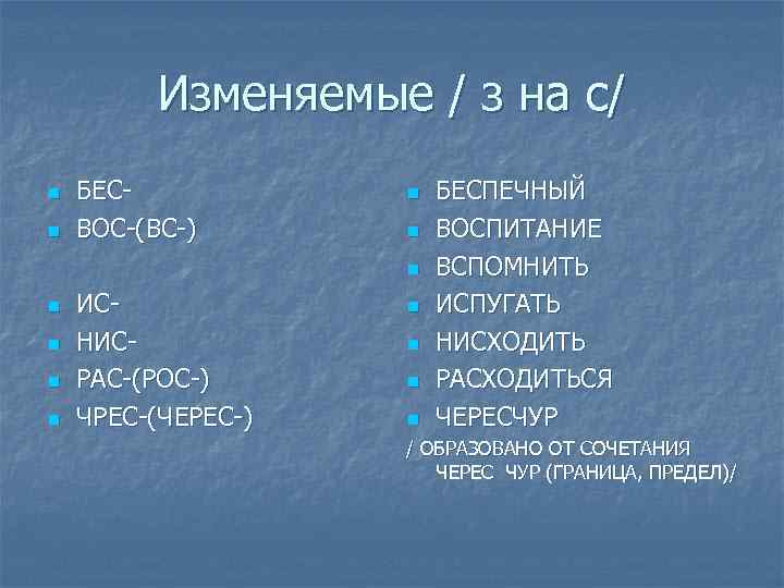 Изменяемые / з на с/ n n БЕСВОС-(ВС-) n n n n ИСНИСРАС-(РОС-) ЧРЕС-(ЧЕРЕС-)