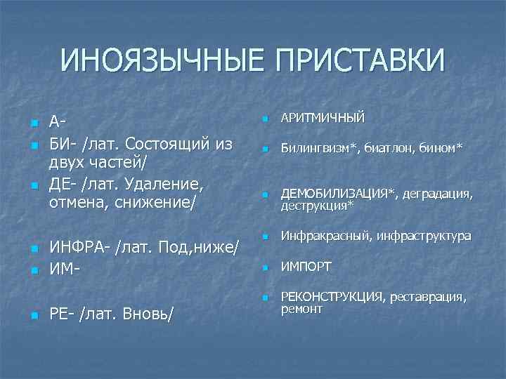 ИНОЯЗЫЧНЫЕ ПРИСТАВКИ n n n АБИ- /лат. Состоящий из двух частей/ ДЕ- /лат. Удаление,