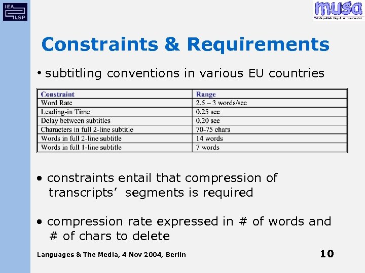 Constraints & Requirements • subtitling conventions in various EU countries • constraints entail that