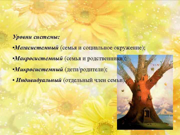 Уровни системы: • Мегасистемный (семья и социальное окружение); • Макросистемный (семья и родственники); •