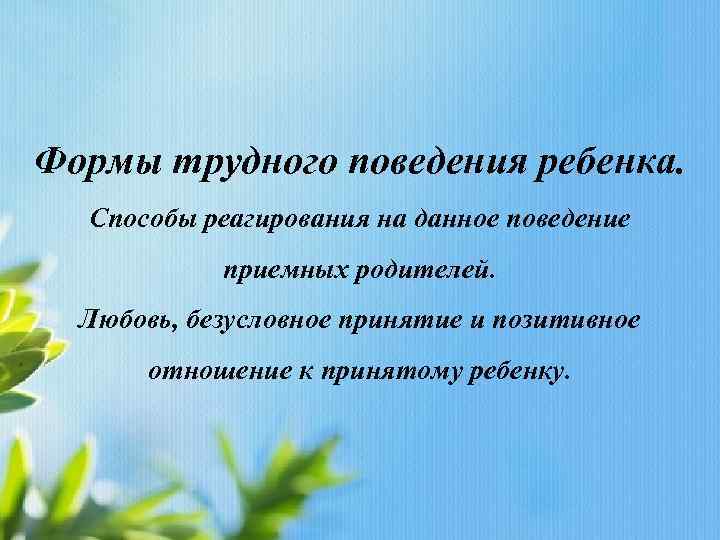 Формы трудного поведения ребенка. Способы реагирования на данное поведение приемных родителей. Любовь, безусловное принятие