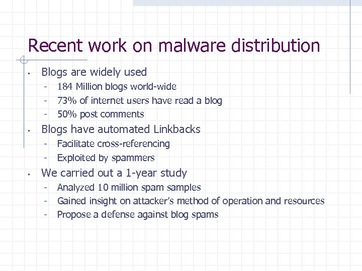 Recent work on malware distribution • Blogs are widely used - • Blogs have
