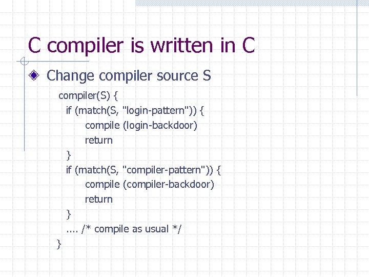 C compiler is written in C Change compiler source S compiler(S) { if (match(S,