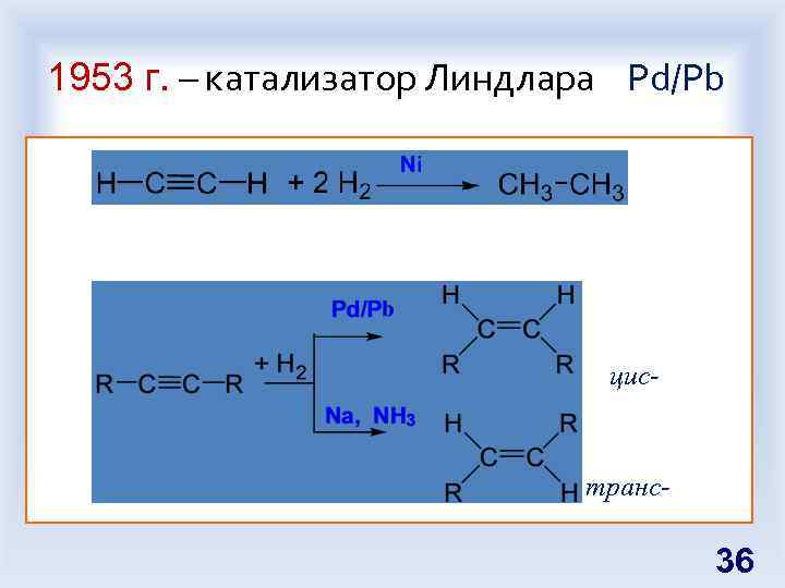 1953 г. – катализатор Линдлара Pd/Pb цис- транс- 36 