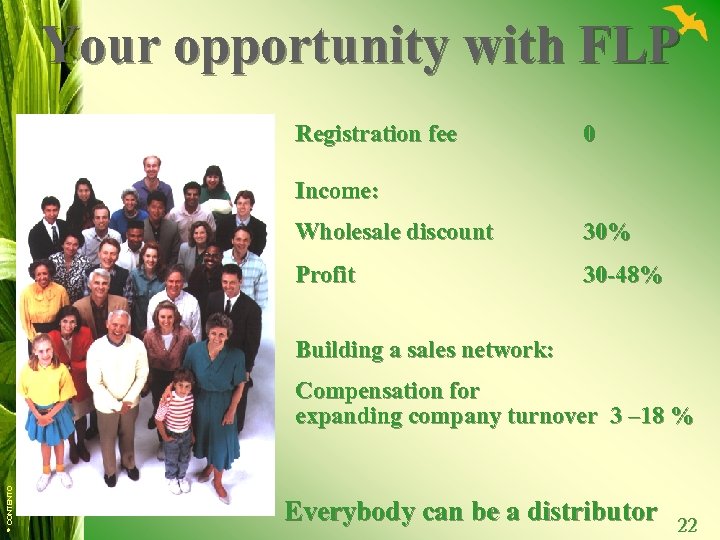 Your opportunity with FLP Registration fee 0 Income: Wholesale discount 30% Profit 30 -48%