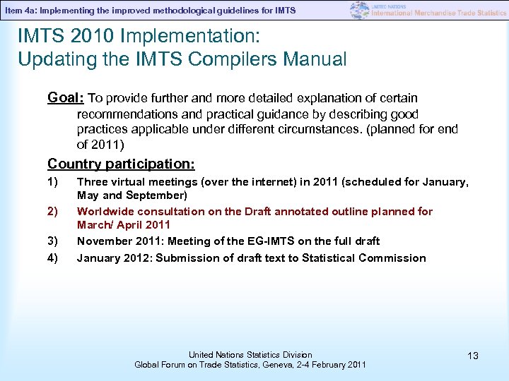 Item 4 a: Implementing the improved methodological guidelines for IMTS 2010 Implementation: Updating the