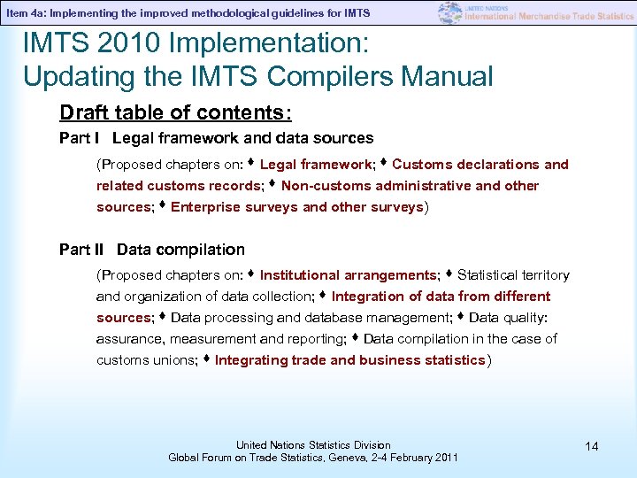 Item 4 a: Implementing the improved methodological guidelines for IMTS 2010 Implementation: Updating the