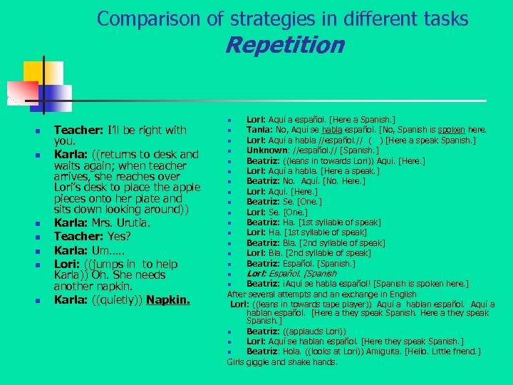 Comparison of strategies in different tasks Repetition n n n Teacher: I’ll be right