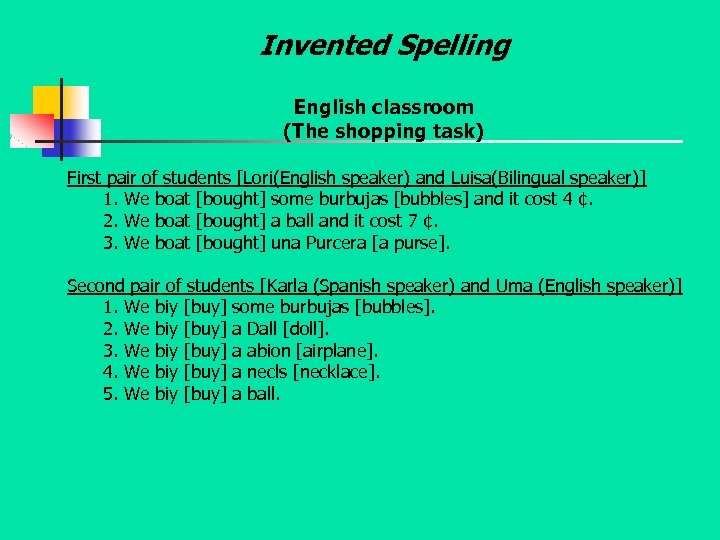 Invented Spelling English classroom (The shopping task) First pair of students [Lori(English speaker) and