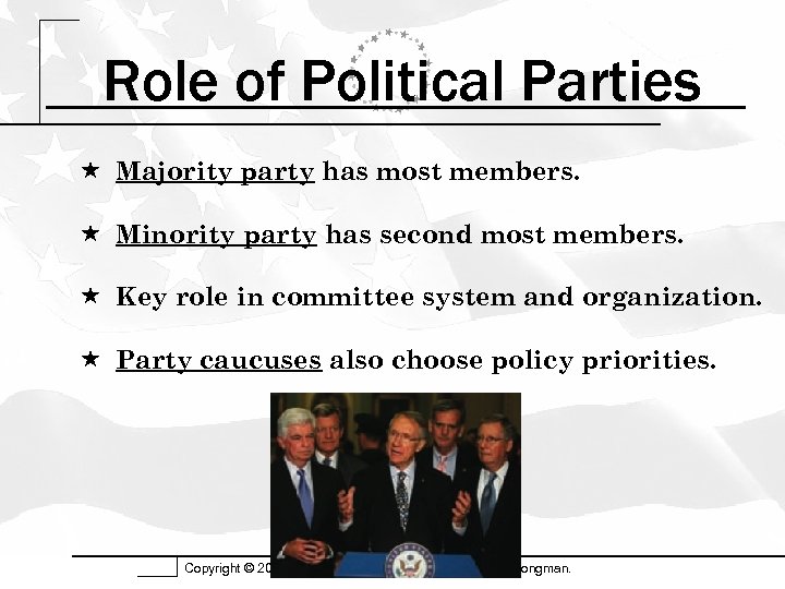 Role of Political Parties Majority party has most members. Minority party has second most