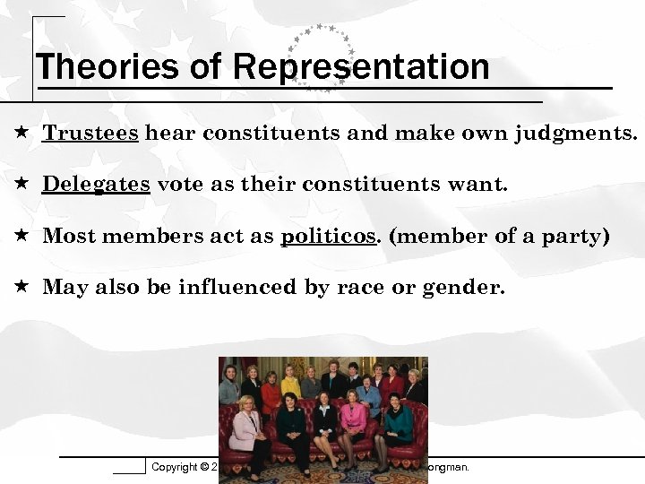 Theories of Representation Trustees hear constituents and make own judgments. Delegates vote as their