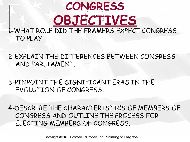 CONGRESS OBJECTIVES 1 -WHAT ROLE DID THE FRAMERS EXPECT CONGRESS TO PLAY 2 -EXPLAIN