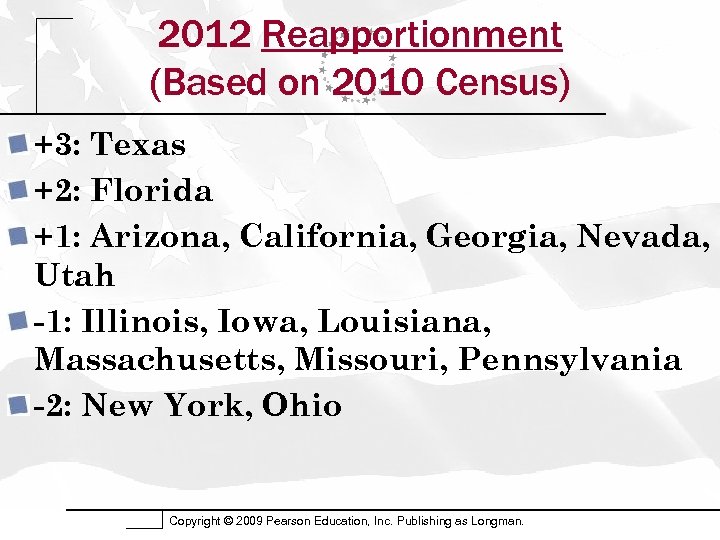 2012 Reapportionment (Based on 2010 Census) +3: Texas +2: Florida +1: Arizona, California, Georgia,