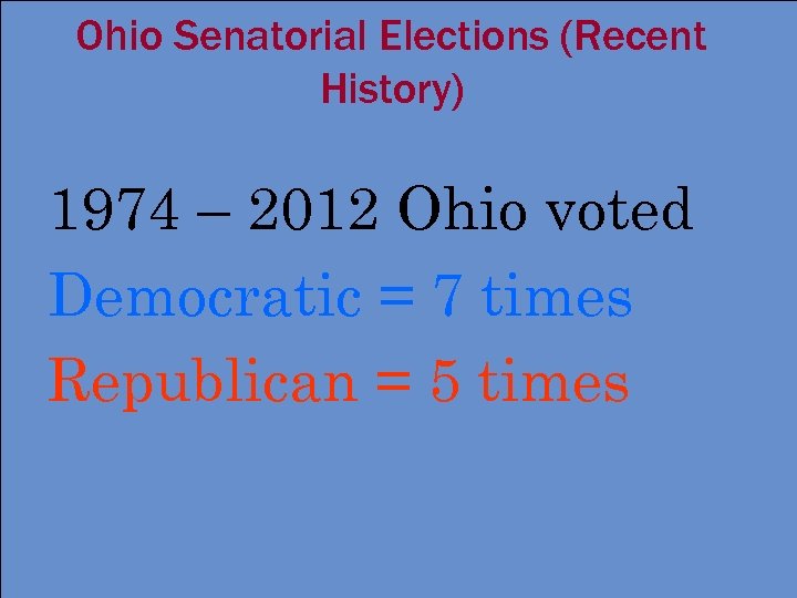 Ohio Senatorial Elections (Recent History) 1974 – 2012 Ohio voted Democratic = 7 times