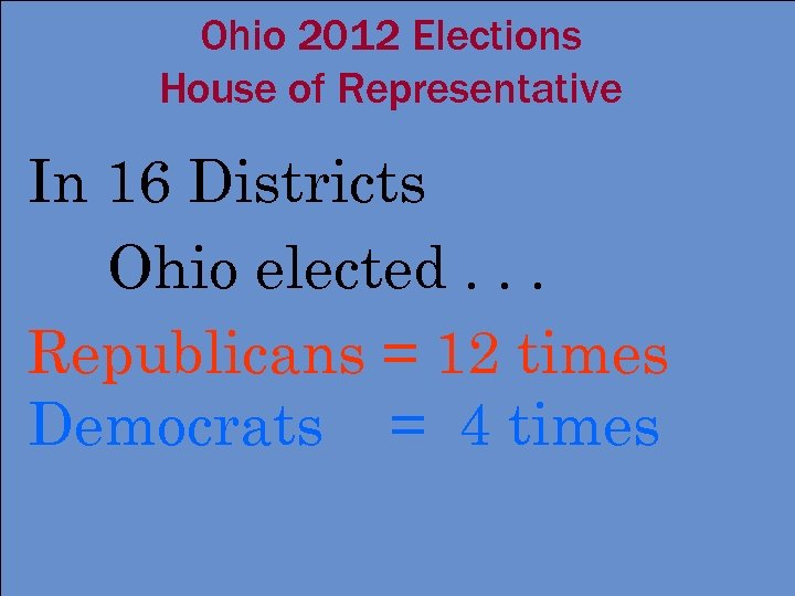Ohio 2012 Elections House of Representative In 16 Districts Ohio elected. . . Republicans