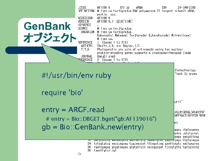 Gen. Bank オブジェクト #!/usr/bin/env ruby require 'bio' entry = ARGF. read # entry =