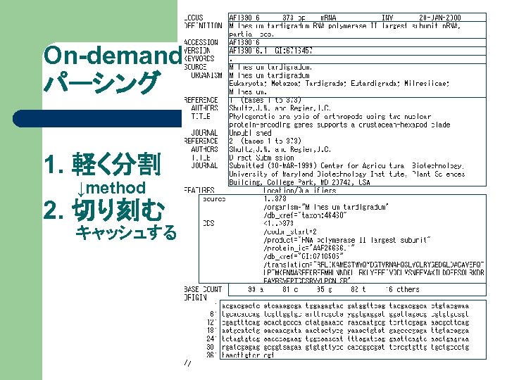 On-demand パーシング 1. 軽く分割 　　　↓method 2. 切り刻む キャッシュする 