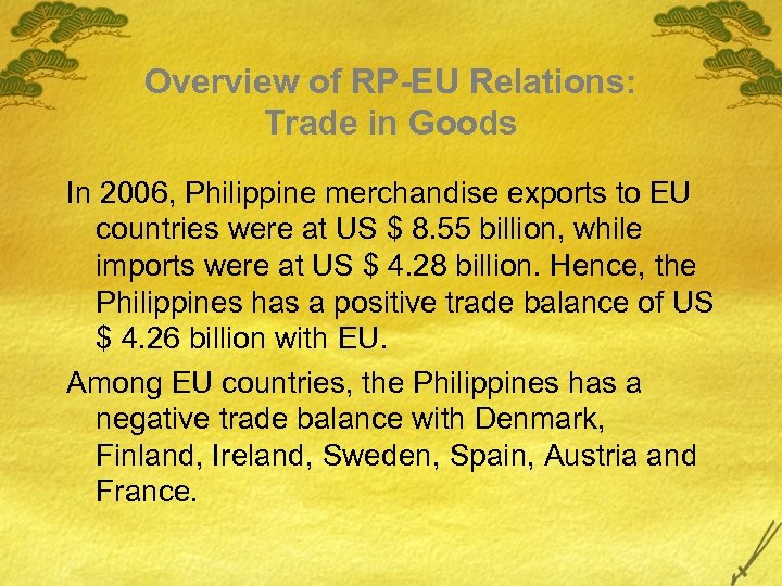 Overview of RP-EU Relations: Trade in Goods In 2006, Philippine merchandise exports to EU