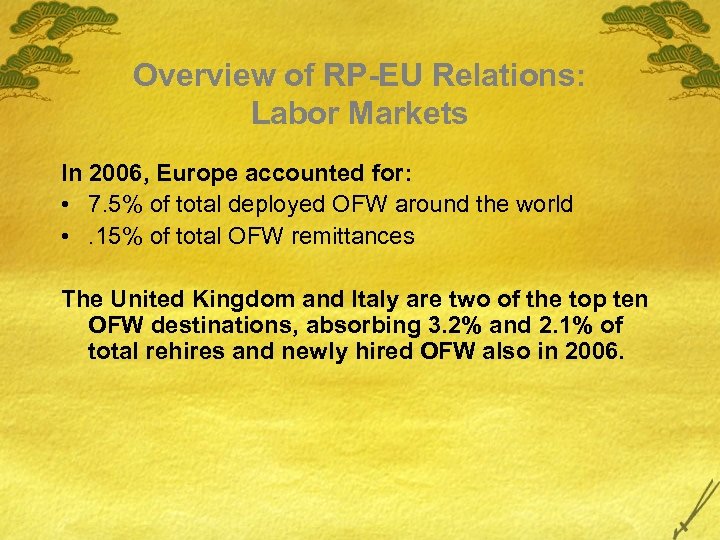 Overview of RP-EU Relations: Labor Markets In 2006, Europe accounted for: • 7. 5%