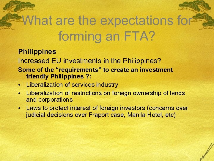 What are the expectations forming an FTA? Philippines Increased EU investments in the Philippines?