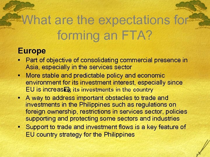 What are the expectations forming an FTA? Europe • Part of objective of consolidating