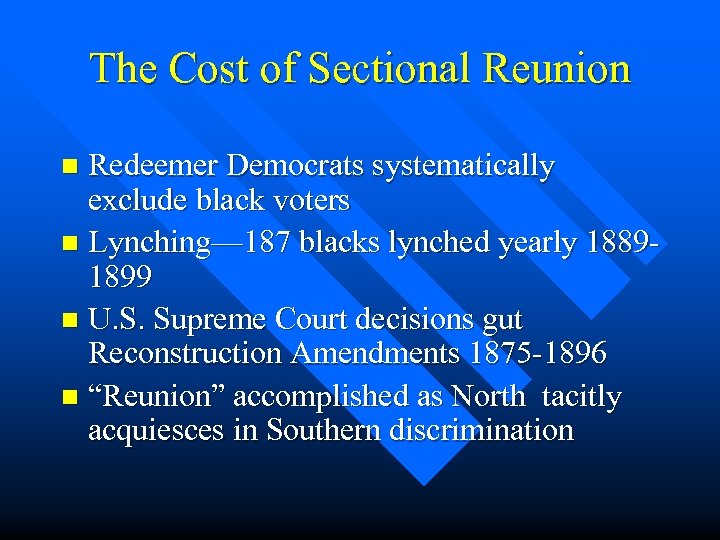 The Cost of Sectional Reunion Redeemer Democrats systematically exclude black voters n Lynching— 187