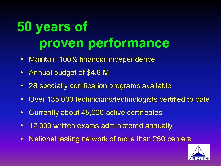 50 years of proven performance • Maintain 100% financial independence • Annual budget of