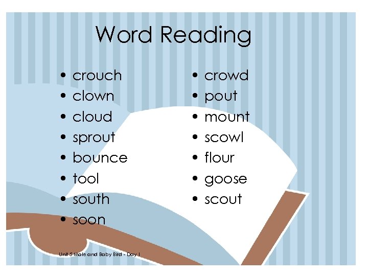 Word Reading • • crouch clown cloud sprout bounce tool south soon Unit 5
