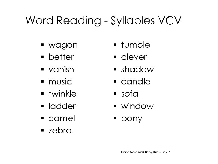 Word Reading - Syllables VCV § § § § wagon better vanish music twinkle