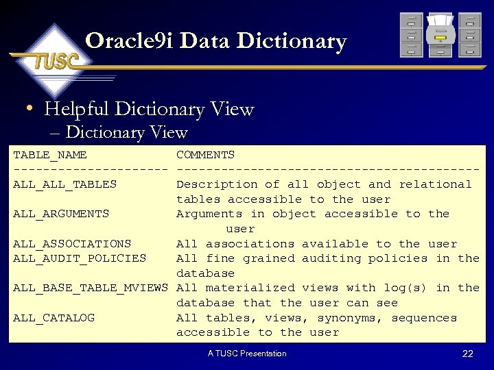 Oracle 9 i Data Dictionary • Helpful Dictionary View – Dictionary View TABLE_NAME COMMENTS