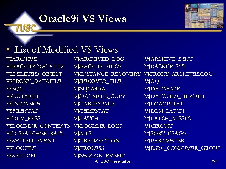 Oracle 9 i V$ Views • List of Modified V$ Views V$ARCHIVE V$BACKUP_DATAFILE V$DELETED_OBJECT