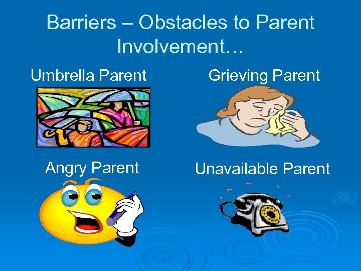 Barriers – Obstacles to Parent Involvement… Umbrella Parent Grieving Parent Angry Parent Unavailable Parent