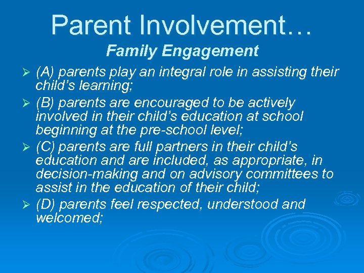 Parent Involvement… Family Engagement (A) parents play an integral role in assisting their child’s