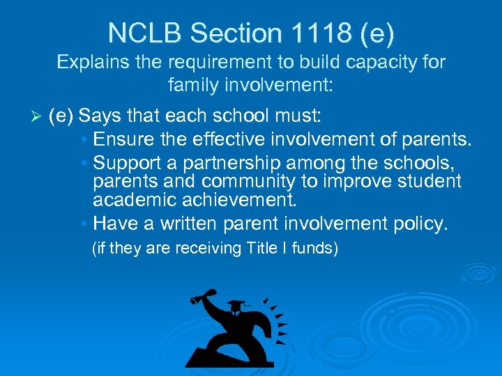 NCLB Section 1118 (e) Explains the requirement to build capacity for family involvement: Ø