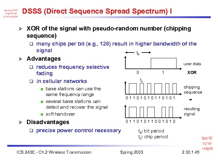 DSSS (Direct Sequence Spread Spectrum) I Ø XOR of the signal with pseudo-random number