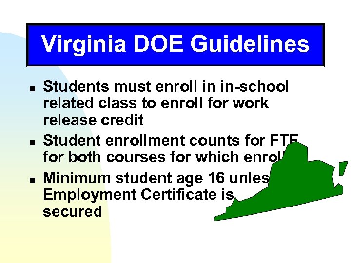 Virginia DOE Guidelines n n n Students must enroll in in-school related class to