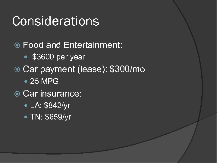 Considerations Food and Entertainment: $3600 per year Car payment (lease): $300/mo 25 MPG Car