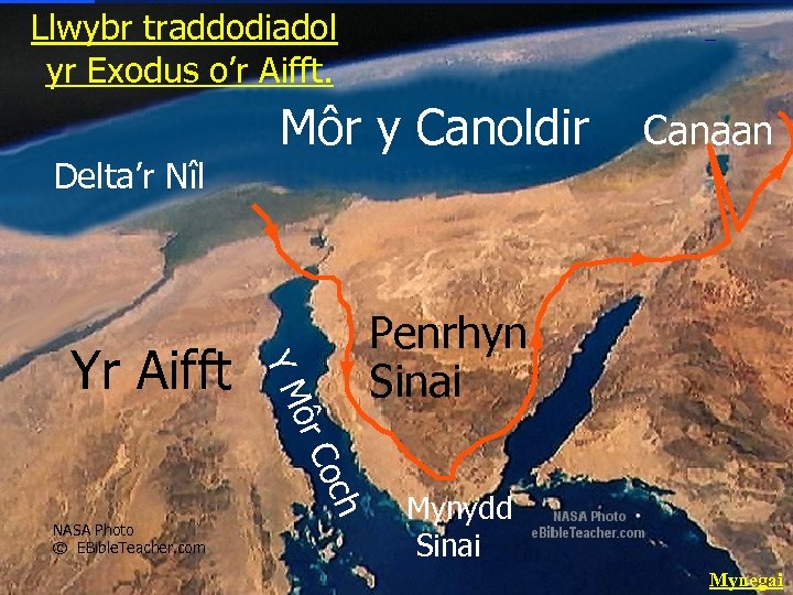 Llwybr traddodiadol yr Exodus o’r Aifft. Delta’r Nîl Môr y Canoldir ôr YM Yr